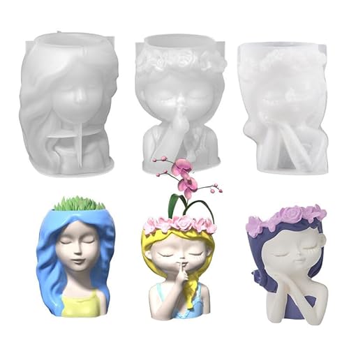 Blumentopf Epoxidharz Form,3 Stück Mädchen Silikonform Blumentopf 3D Mädchen Kopf Beton Gießform Mädchen Silikon Formen Süße Mädchen Kopf Vase Epoxidharz Form für DIY Sukkulenten Pflanzgefäße Handwerk von URFEDA