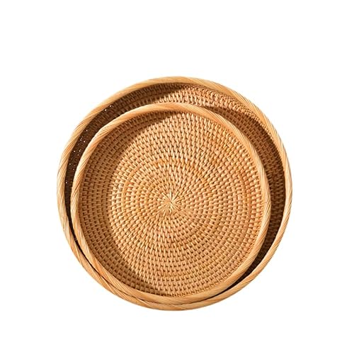 Gewebtes Rundes Serviertablett Geflochtene Aufbewahrungskorb Obstteller Brotkorb Rattan Tablett Runder Präsentationskorb Arbeitsplatte Obst Gemüse Aufbewahrung für Küche Esszimmer Wohnzimmer 2 Stück von URFEDA
