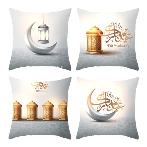 URFEDA 4Stück Ramadan Kissenbezüge, Minimalist Kissenbezug Eid Mubarak Mond Laterne Ramadan Dekokissenbezüge Wurfkissenbezüge Sofakissen Dekokissen Kissenhülle für Sofa Auto Schlafzimmer Deko 45x45cm von URFEDA