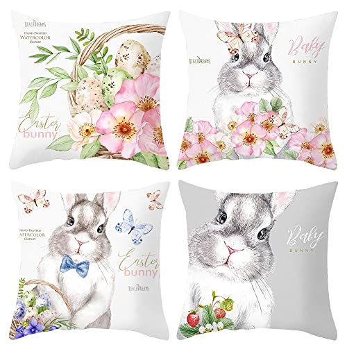 URFEDA Ostern Kissenbezug 4er Set, 45 x 45 cm Willkommen Ostern Dekoration Kissenbezüge Frühling Baumwolle Leinen Kissenbezüge Kissen Leinen Kissenbezüge für Wohnzimmer Sofa Büro Auto Dekor von URFEDA