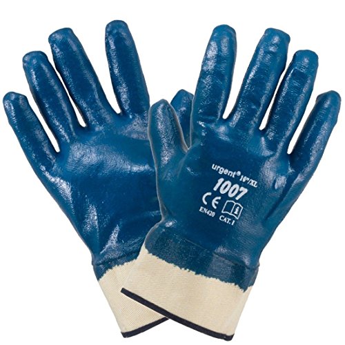 12 Paar Arbeitshandschuhe blau vollbeschichtet Nitril Baumwolle mit Stulpe Gr. 10 (1007) von URG