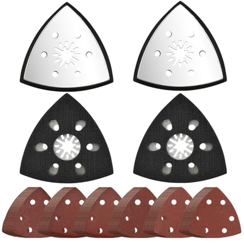 URHELP 4 Stück Schleifplatte Set, 93mm Multitool Schleifplatter, 6-Loch-Dreiecksplatte Kit, Schleifplatte, mit 24 Dreieckschleifer Schleifpapier, für Schleifen Und Polieren von URHELP