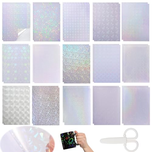 URHRHU 30 Blatt Hologrammfolie A4 Holographische Aufkleber Transparent Holografische Sticker Folie, Klare Vinyl Holografische Folien Selbstklebend mit 1 Schere für DIY Handwerk Dekoration (15 Styles) von URHRHU