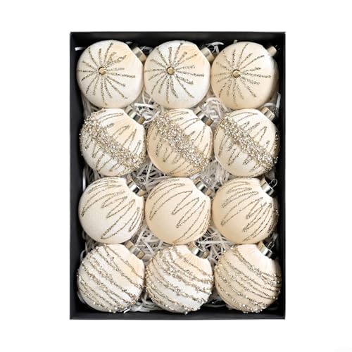 12 Stück 8 cm Samt Weihnachtsbaumkugeln Set aus Kunststoff mit Beflockung in Olivgrün, für elegante festliche Dekoration an Baum, Tür oder Fenster im Innenbereich(Beige) von URPIZY