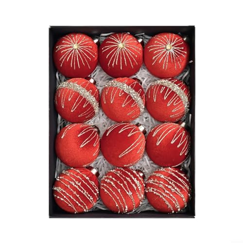 12 Stück 8 cm Samt Weihnachtsbaumkugeln Set aus Kunststoff mit Beflockung in Olivgrün, für elegante festliche Dekoration an Baum, Tür oder Fenster im Innenbereich(Red) von URPIZY