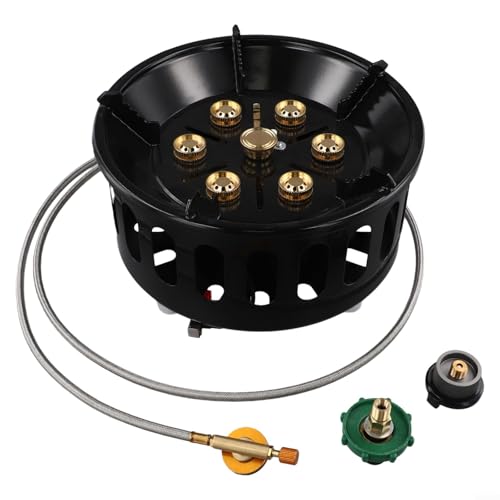 Camping Gasbrenner 19800W Edelstahl 7-Kern Winddicht Faltbar mit Piezo Zündung und Verlängerungsschlauch für Outdoor Kochen Wandern Camping Schwarz von URPIZY