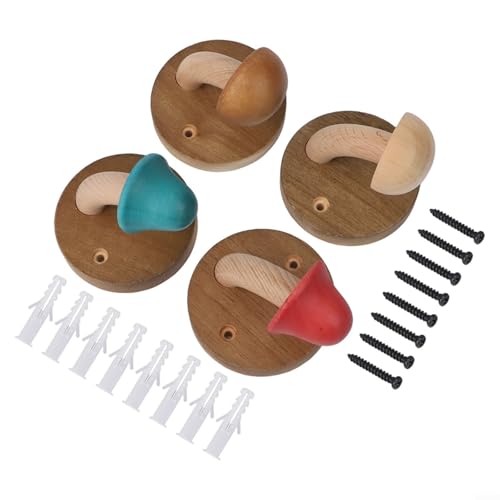 Dekorative Pilz Wandhaken aus massivem Holz, 4er Set bunte Kleiderhaken und Handtuchhalter inklusive Montageschrauben, für Küche, Bad, Kinderzimmer oder Flur von URPIZY