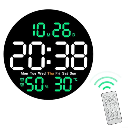 Digitale LED Wanduhr Hygrometer Temperaturanzeige 10 Zoll Mit Fernbedienung Helligkeitsanpassung Alarm Datum Wochentag Timing PVC Mehrfarbig Für Zuhause Büro Wohnzimmer Schlafzimmer Café(Grün) von URPIZY