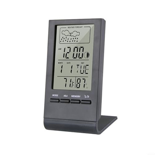 Digitales LCD Thermometer Hygrometer Innenraum Temperatur Luftfeuchtigkeit Messgerät Wetterstation mit Uhr Datum Wetterbericht Alarm für Zuhause Büro Gewächshaus(Black) von URPIZY