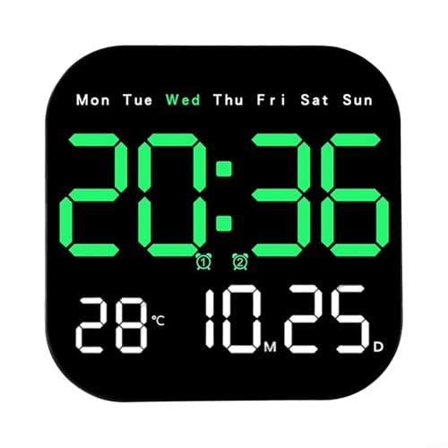 Multifunktionale LED Wanduhr Elektronische Digitaluhr Mit Fernbedienung Temperaturanzeige Wecker Kalender Tages-Countdown Einstellbare Helligkeit Schwarz 18x18 cm Für Wohnzimmer Büro(Green) von URPIZY