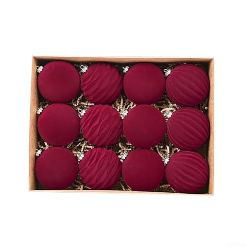 Set Weihnachtskugeln 12 Stück Flockoptik 8cm Kunststoff Bunt mit Metallbügel und Hängeseil Für einfache Installation Retro Für Weihnachtsbaum Tür Fenster Wand Veranda Festliche Dekoration(Red) von URPIZY