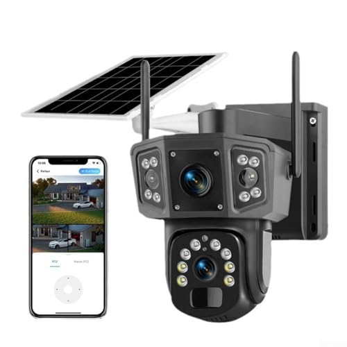 Solar WLAN Überwachungskamera Außen mit Dual Objektiv PIR Bewegungsmelder 355° Schwenkbar IP66 Wasserdicht 2K Nachtsicht Akku Kamera mit Solarpanel(black) von URPIZY