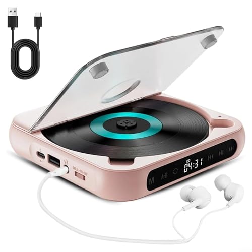 Tragbarer CD Player Hi-Fi Sound Wiederaufladbar Kompakt Leicht für Zuhause Reisen Auto Wireless Wired Verbindung ABS Material(pink) von URPIZY