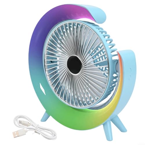Tragbarer Elektrischer Ventilator Leises Design Verstellbarer 180-Grad-Neigungswinkel Dreistufige Windgeschwindigkeit Mehrfarbiges Nachtlicht USB-Aufladung für Büro Schreibtisch Auto Camping(blue) von URPIZY