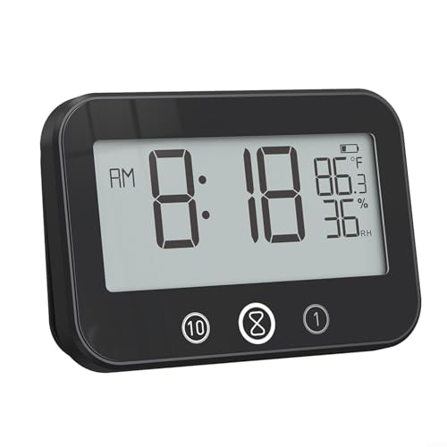 URPIZY Digitales Hygrometer Raumthermometer Temperatur und Luftfeuchtigkeitsmesser, IP54 Wasserdicht Badezimmer Wanduhr Dusche Küche Audible Wecker Countdown Timer (Schwarz) von URPIZY