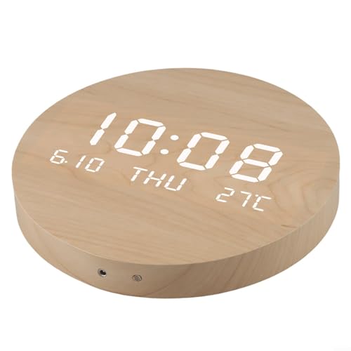 URPIZY Große Digitale Wanduhr Holz LED Lautlos Mit Datum Und Temperatur Für Wohnzimmer Schlafzimmer Rund 19,5 Cm USB-Aufladung Baumwoll-Leinen-Optik von URPIZY