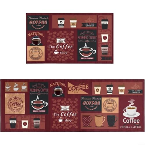 URPIZY Küchenbodenmatten Set Kaffee-Design Rutschfest Polyester Teppich 2-teilig Waschbar Küchenteppich, Antirutsch Bodenmatte, Küchenteppich Set(Coffee printing) von URPIZY