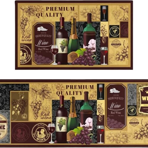 URPIZY Küchenbodenmatten Set Kaffee-Design Rutschfest Polyester Teppich 2-teilig Waschbar Küchenteppich, Antirutsch Bodenmatte, Küchenteppich Set(Wine printing) von URPIZY