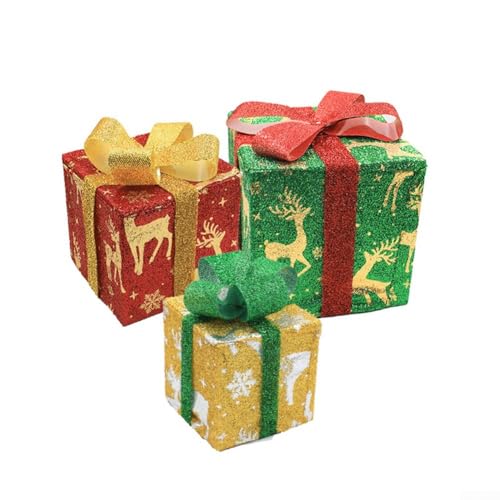 URPIZY LED Weihnachtsboxen 3-teiliges Set Outdoor Beleuchtung Gartendekoration Polyester Elch Schneeflocken Design Für Hof Rasen Terrasse Weihnachtsdeko 25,5X25,5X25,5Cm(B) von URPIZY