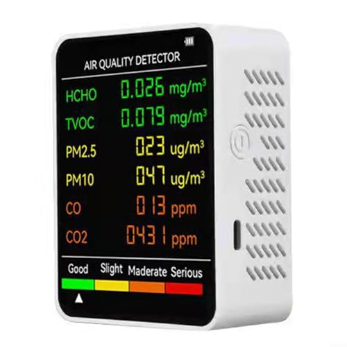 URPIZY Luftqualität Detektor, Luftqualitätsmonitor 6-in-1 Multifunktionaler CO2-Detektor PM2.5 PM10 TVOC Messgerät Temperatur Luftfeuchtigkeit Tester Tragbarer Raumluftqualität Prüfer(White) von URPIZY