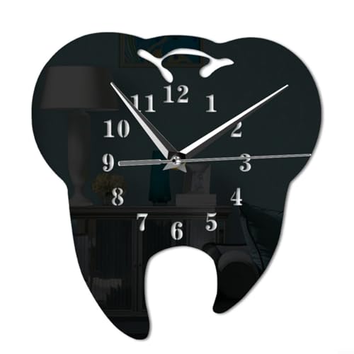 URPIZY Wanduhr, kreative zahnförmige Wanduhr, 26 x 24 cm, stilvolle kreative Zähne, Acryl-Spiegel, Wanduhr, Zahnzahnuhr, leise Wanduhr, Heimdekoration, Schwarz von URPIZY