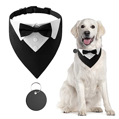 URROMA 1 Piece Formal Dog Tuxedo Bandana, Dog Wedding Collar with Bow Tie and Neck Tie Adjustable Black Pet Costume Bowtie Neckerchief for Small Dogs and Cats, L URROMA 1 Piece Formal Dog Tuxedo Bandana, Dog Wedding Collar with Bow Tie and Neck Tie Adjustable Black Pet Costume Bowtie Neckerchief for Small Dogs and Cats, L von URROMA