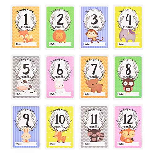 URROMA Baby Monatliche Meilensteinkarten, 1-12 Monate Tierdrucke Karten Baby Geburt Ankündigung Schild für Babyparty Monat Marker Baby Foto Requisiten von URROMA