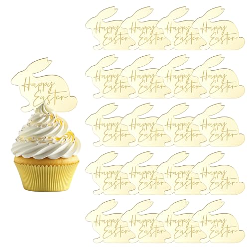 URROMA Cupcake-Topper mit Hasen-Motiv, 20 Stück, goldfarben, Kuchendekoration, Oster-Kuchenaufsatz, Acryl-Kuchenparty, Hasen-Dekorationen für Ostertag von URROMA