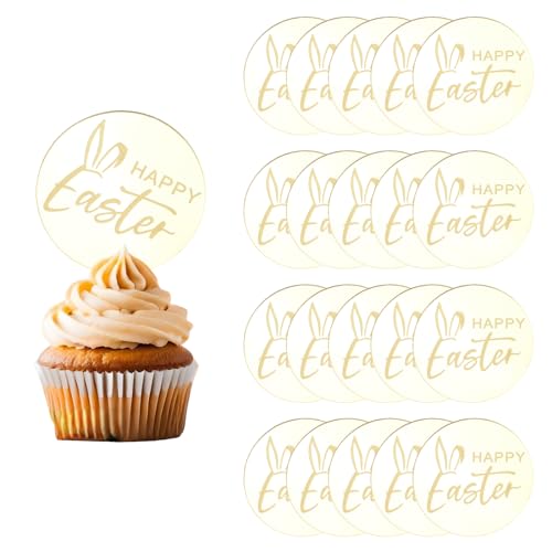 URROMA Cupcake-Topper mit Hasen-Motiv, 20 Stück, rund, goldfarben, Kuchenaufsatz, Oster-Kuchenaufsatz, Acryl-Kuchenparty, Kunst-Schriftarten, Dekorationen für Ostern von URROMA