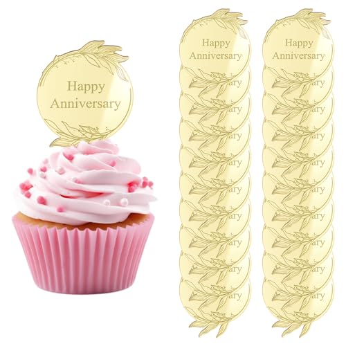 URROMA Happy Anniversary Acryl-Cupcake-Topper, 20 Stück, runde Kuchenscheiben, Spiegel-Acryl-Kuchenspieße, Kuchendekoration, Acryl-Kuchendekoration, Partyzubehör von URROMA