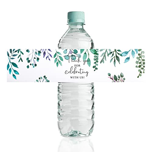 URROMA Hochzeits-Wasserflaschen-Etiketten, 50 Stück, Thank You", grüne Blätter, Wasserflaschen-Aufkleber, Wasserflaschen-Etiketten, personalisiert für Geburtstag, Babyparty von URROMA