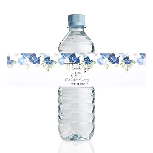 URROMA Hochzeits-Wasserflaschen-Etiketten, 50 Stück Dankeschön, weiße und blaue Rosen-Wasserflaschen-Aufkleber für Geburtstag, Babyparty von URROMA