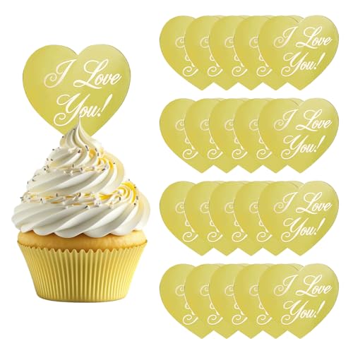 URROMA "I Love You" Acryl-Cupcake-Topper, 20 Stück, Herz-Cupcake-Topper, Acryl, Liebe, Kuchendekoration, goldfarben, Hochzeit, für Dusche, Party, Valentinstag, Verlobung, Jahrestag, von URROMA