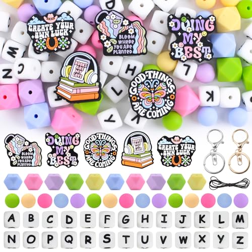 URROMA Silikonperlen f黵 Schl黶selanh鋘ger, personalisierbare Buchstabenperlen f黵 Bastelarbeiten, helle Farben, runde Polygon-Perlen f黵 Stifte, Halsketten, 10 Sets von URROMA