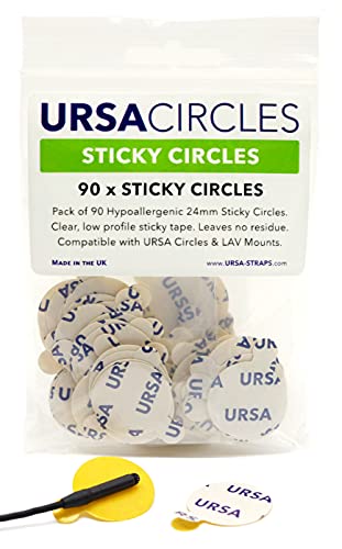 URSA Sticky Circles – Packung mit 90 Stück. Vorgeschnittene 24-mm-Sticky Circles für eine zuverlässige Mikrofonplatzierung. zertifiziert hypoallergen. Hergestellt in Großbritannien von URSA Straps