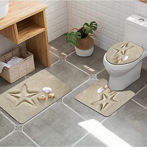 Badezimmer Set, rutschfeste Badematte und WC-Vorleger-Set, Abstrakter beige Muschel-Strand-weißer Sand-Seestern gedrucktes Ozean-Meer-Natur-karibische weich, wasserabsorbierend,WC-Garnitur, 3-teilig von URSOPET