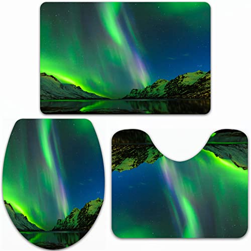 Badteppich-Set 3-teilige, rutschfeste,Atmosphäre Grün Astronomisch Polarlichter Norwegen Ersfjord Tromso Magnetische Aurora Natur As,rutschfeste Badematte, U-förmiger Konturteppich und Toilettendeckel von URSOPET