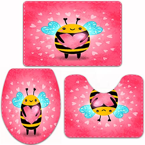Badteppich-Set 3-teilige, rutschfeste,Bienenkönigin, Liebes-Valentinstag-Hummel, die einen riesigen Herz-Cartoon-Stil hält, Coral Pa,rutschfeste Badematte, U-förmiger Konturteppich und Toilettendeckel von URSOPET