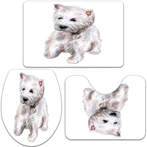 Badteppich-Set 3-teilige, rutschfeste,Show Terrier Aquarell Nahaufnahme West Domestic Highland White Dog Biologie Rasse Cairn Paint,rutschfeste Badematte, U-förmiger Konturteppich und Toilettendeckel von URSOPET