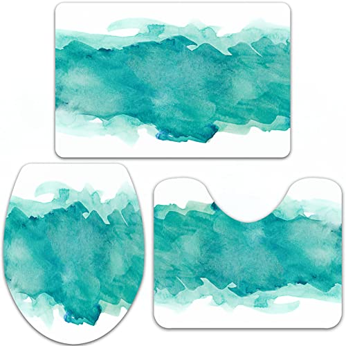 Badteppich-Set 3-teilige, rutschfeste,Streifen Blau Splash Aquamarin Aquarell Mehrschichtig Grün Aquarellfarbe Fleck Wassertinte Far,rutschfeste Badematte, U-förmiger Konturteppich und Toilettendeckel von URSOPET