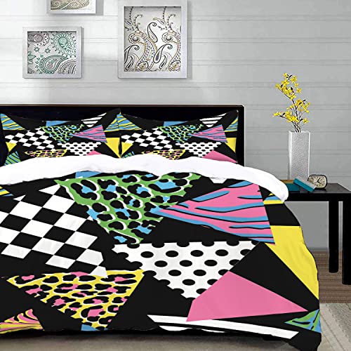 Bettwäsche-Set, Mikrofaser,Spaß-Rosa-Hipster-Muster-abstrakte Formen Memphis-Schwarz-geometrischer Streifen-Entwurfs-Leopard 80S,1 Bettbezug ,1 Bettbezug 135 x 200 cm + 2 Kopfkissenbezug 50x80cm von URSOPET