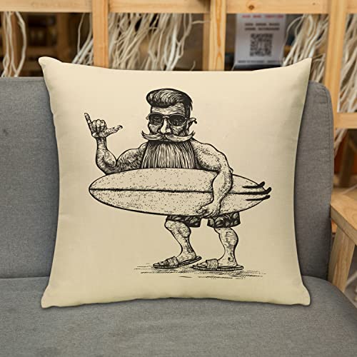 Kissenbezug Zierkissenbezug Dekorative,Hipster Surfer Bart Schnurrbart Sonnenbrille und Surfbrett Gravur Linolschnitt Mann,Dekokissen Deko mit Verstecktem Reißverschluss für Sofa Büro Bett 45x45 cm von URSOPET