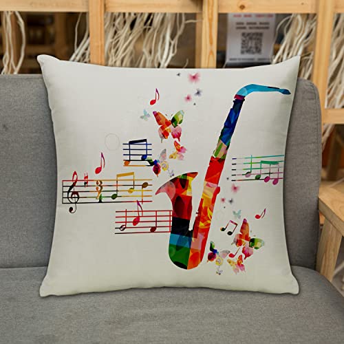 Kissenbezug Zierkissenbezug Dekorative,Musik, buntes Saxophon mit Schmetterlingen und Noten kreative Illustration,Dekokissen Deko mit Verstecktem Reißverschluss für Sofa Büro Bett 45x45 cm von URSOPET