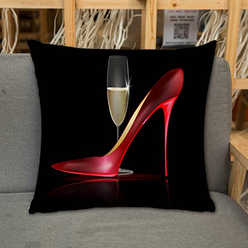 Kissenbezug Zierkissenbezug Dekorative,Rote High Heels Roter Damenschuh mit Glas Goldwein,Dekokissen Deko mit Verstecktem Reißverschluss für Sofa Büro Bett 45x45 cm von URSOPET