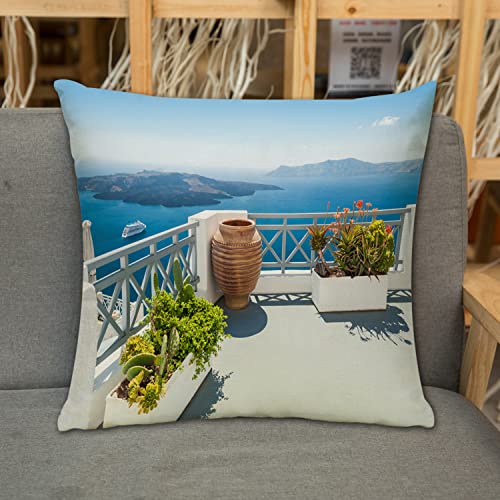 Kissenbezug Zierkissenbezug Dekorative,Santorini Insel Griechenland Ägäis Bäume Blumen klarer Himmel Fotodruck, leicht,Dekokissen Deko mit Verstecktem Reißverschluss für Sofa Büro Bett 45x45 cm von URSOPET