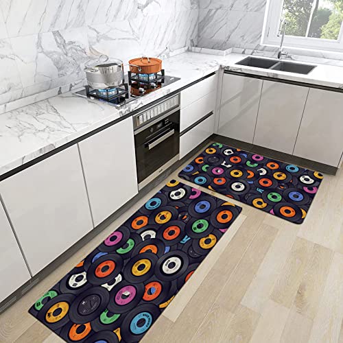 URSOPET 2er Küchenteppich Waschbar rutschfest Teppich,Retro-Vinyl-Schallplatte,Küche und im Esszimmer Badematten Set mit Rückseite von URSOPET