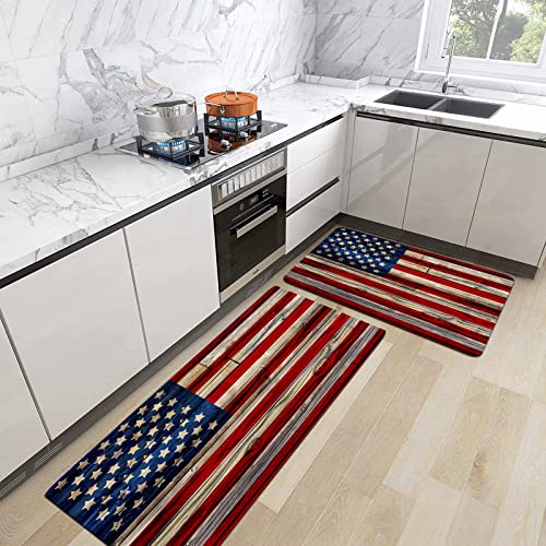 URSOPET 2er Küchenteppich Waschbar rutschfest Teppich,USA alte bemalte amerikanische Flagge auf dunklem Holzzaun,Küche und im Esszimmer Badematten Set mit Rückseite von URSOPET