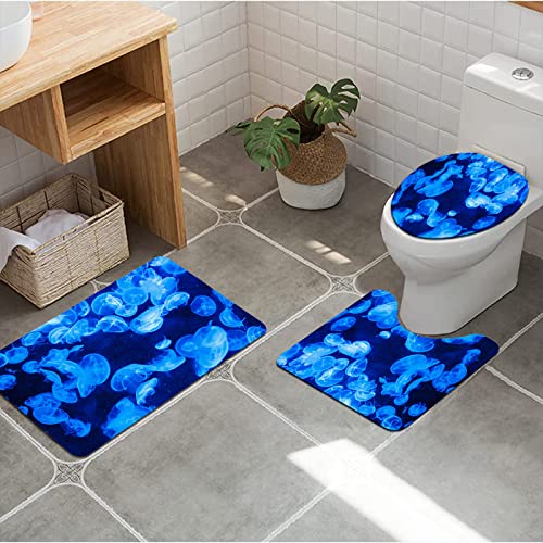 URSOPET Badezimmer Set, rutschfeste Badematte und WC-Vorleger-Set, Glänzendes blaues Quallen-Design weich, wasserabsorbierend,WC-Garnitur, 3-teilig von URSOPET