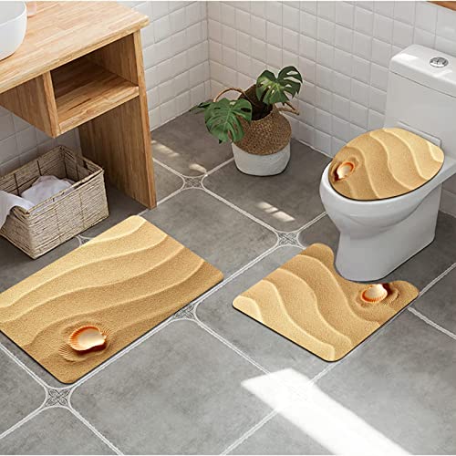 URSOPET Badezimmer Set, rutschfeste Badematte und WC-Vorleger-Set, Kleine Muschel am goldenen gelben Sand Ancient Sea Coastal Theme Beach weich, wasserabsorbierend,WC-Garnitur, 3-teilig von URSOPET