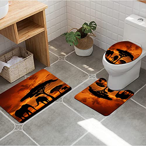 URSOPET Badezimmer Set, rutschfeste Badematte und WC-Vorleger-Set, Mutter und Baby Afrikanischer Elefant Sonnenuntergang weich, wasserabsorbierend,WC-Garnitur, 3-teilig von URSOPET